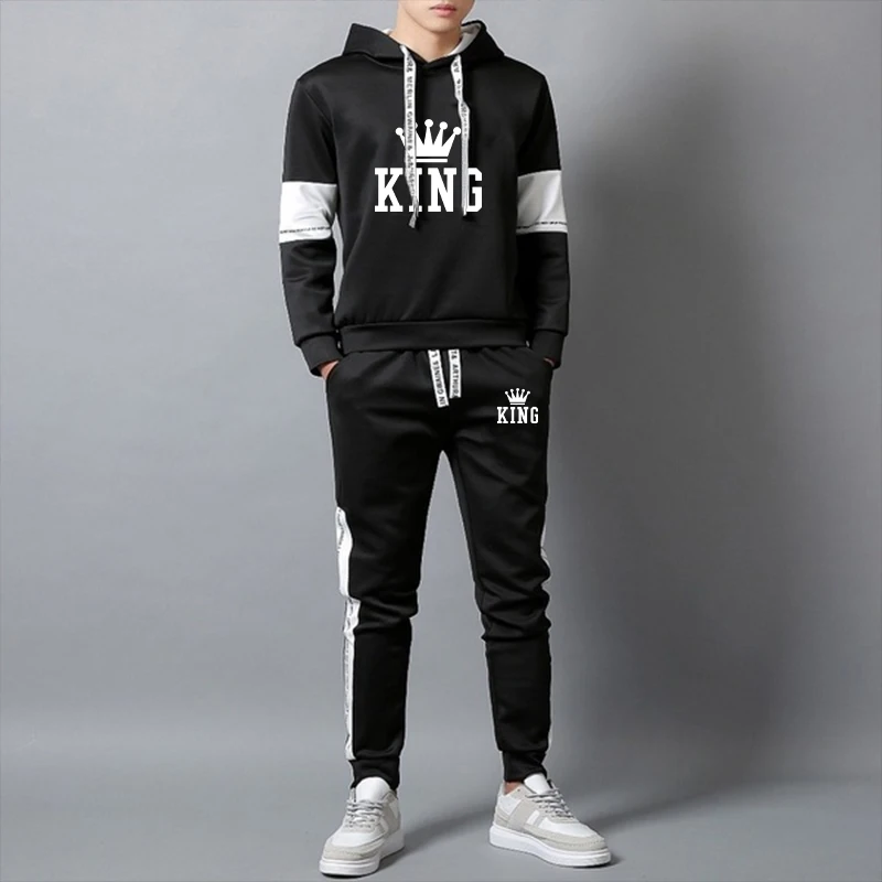 New Fashion King Print Men Hoodies Pants 2Pcs/Sets Sweatshirt Sweatpants Male Gyms Fitness Tops Trousers Joggers Sportswear