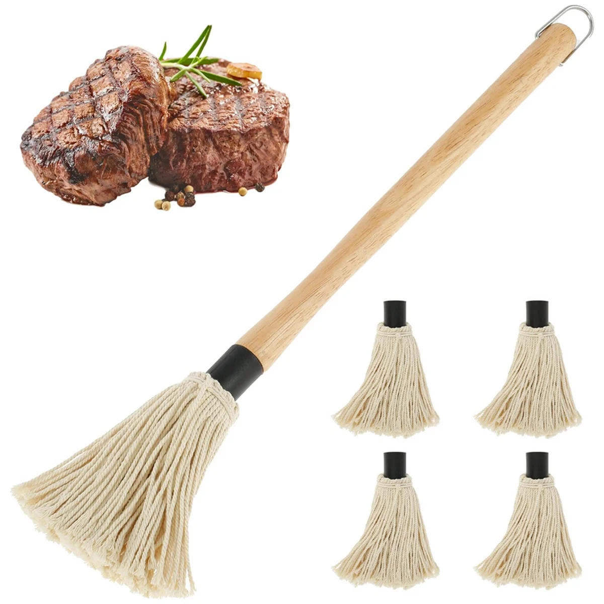 1 Set BBQ Mop 18.3 Inch BBQ Mop Brush Grill Brush Wooden Long Handle Grill Brush for Sauce BBQ Smoking Steak