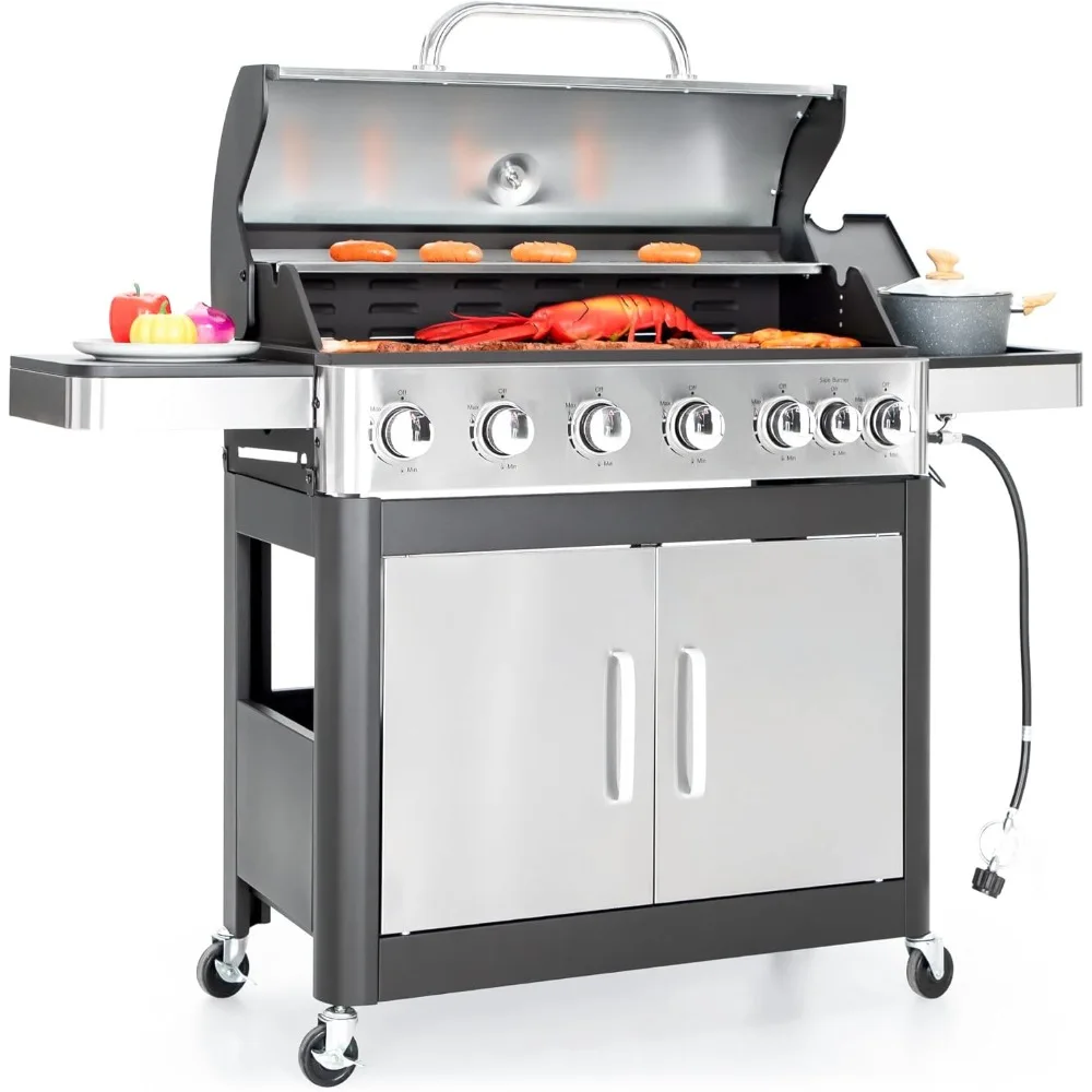 6-Burner Propane Gas BBQ Grill with Side Burner & Porcelain-Enameled Cast Iron Grate for Outdoor Kitchen & Backyard Barbecue