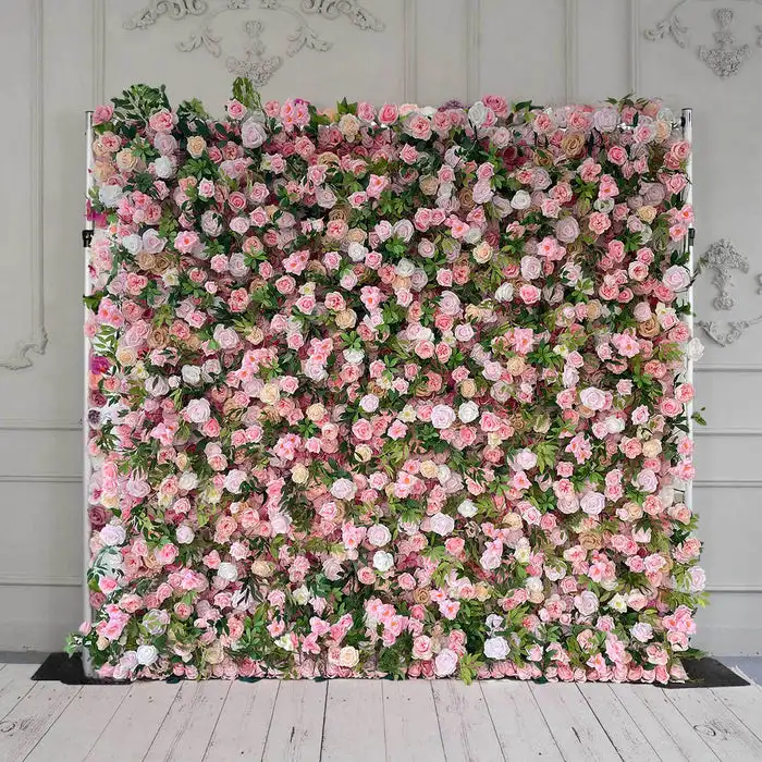 3Dmixed flower series luxurious pink rose peony green leaf artificial rose wall birthday party outdoor wedding background layout