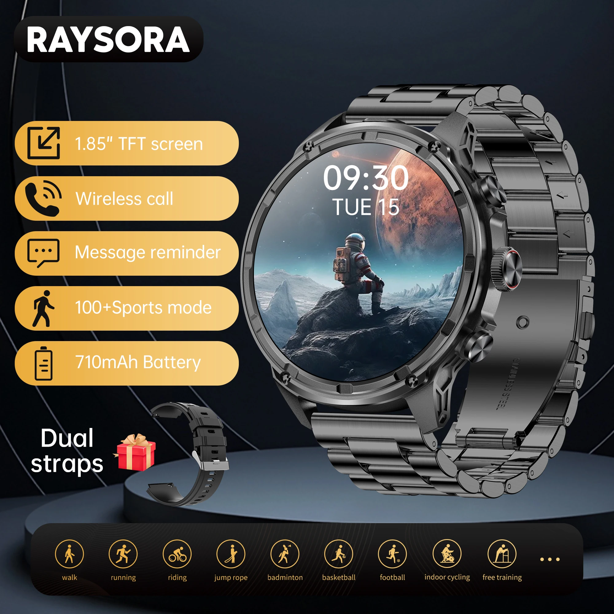 

RAYSORA Men's Smartwatch, 1.85 Inch, IP67 Waterproof, Answer/Dial, Message Display, with Flashlight, Black, Orange, Silver, Gree