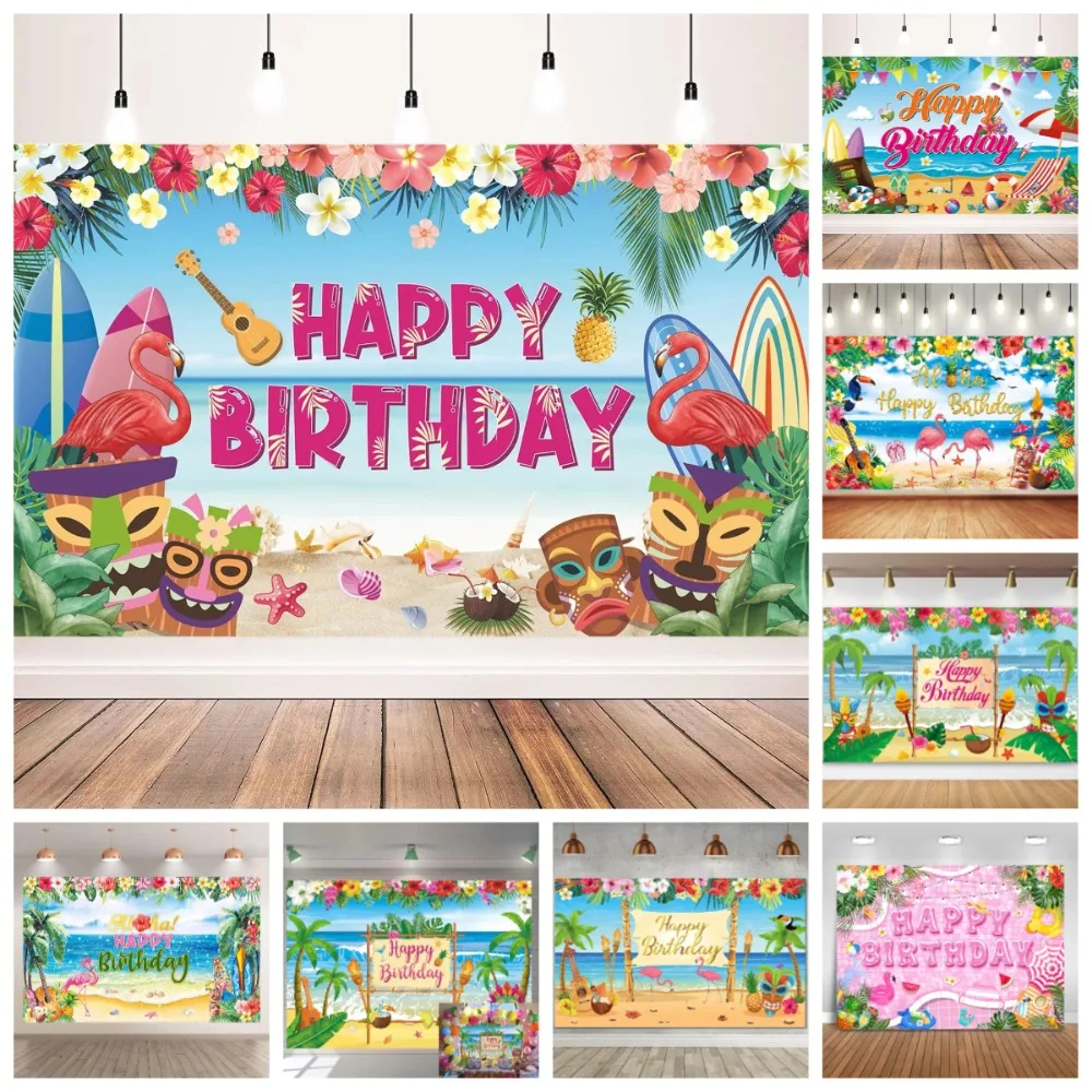 

Summer Hawaiian Beach Leaf Surfboard Theme Photography Backdrop, Tropical Flower Palm, Birthday Party Decoration Backdrop Cloth