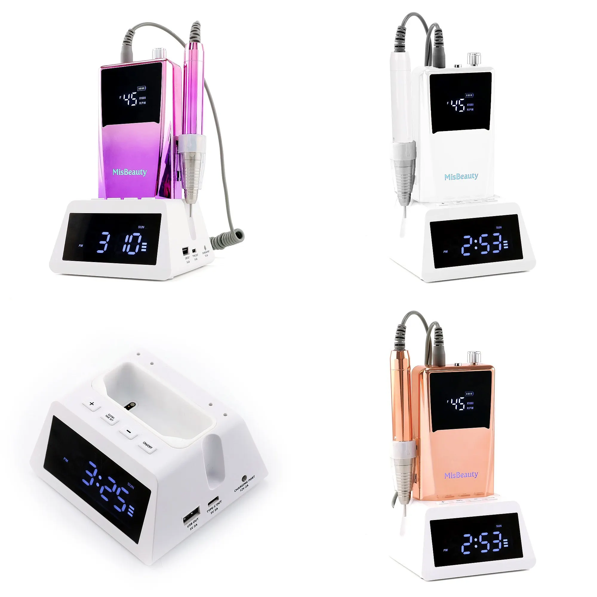 45000rpm Strong Brushless Nail Drill Machine Smart Power Bank with Clock Rechargeable Power Dock Efile
