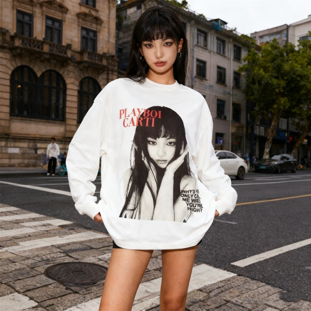 

KUCLUT Chiaki Kuriyama в японском стиле, лучшее качество, футболка с принтом BIG FACE, свободная футболка большого размера из 100% хлопка с длинными рукавами для мужчин и женщин