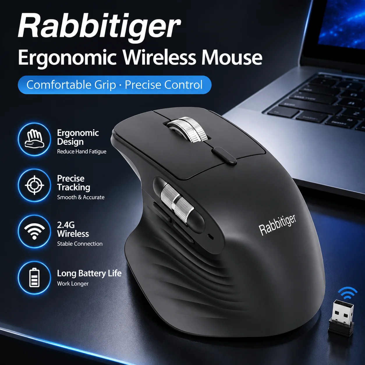 2026 Rabbitiger 3-Mode Wireless Ergonomic Vertical Mouse Bluetooth 5.0 2.4G Wired Multi-DPI Side Scroll Computer Mouse
