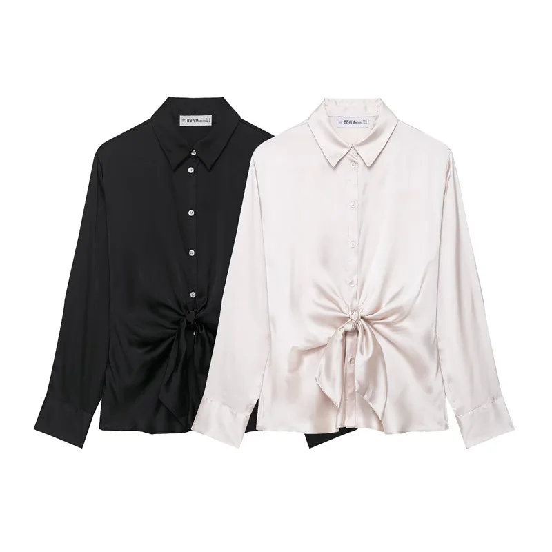 

Women's Satin Shirt with Knot Long Sleeves Simple Female Button Blouse for Autumn Fashionable And Elegant Female Top