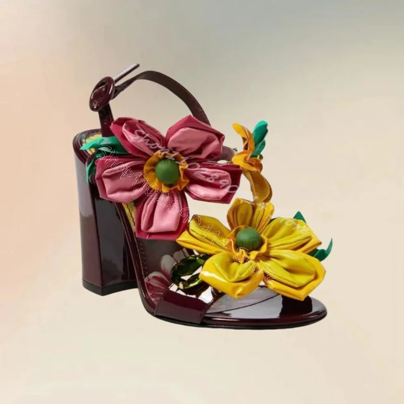 

Colorful Appliques Crystal Decor Open Toe Sandals Buckle Strap Women Shoes Chunky Heels Party Banquet 2024 Zapatos Para Mujere