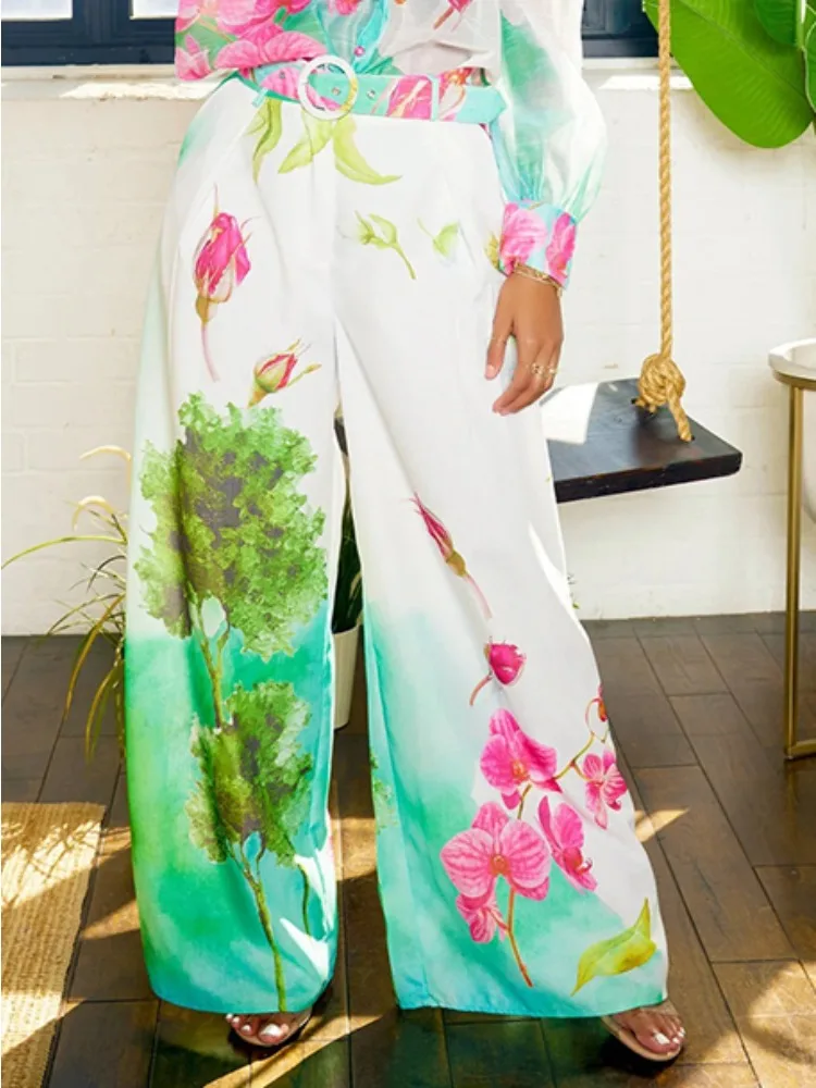 Gymystars, pantalones de pierna ancha para mujer, pantalones informales de belleza para el suelo, pantalones holgados de cintura alta con cinturón, pantalones con estampado Floral a la moda para mujer