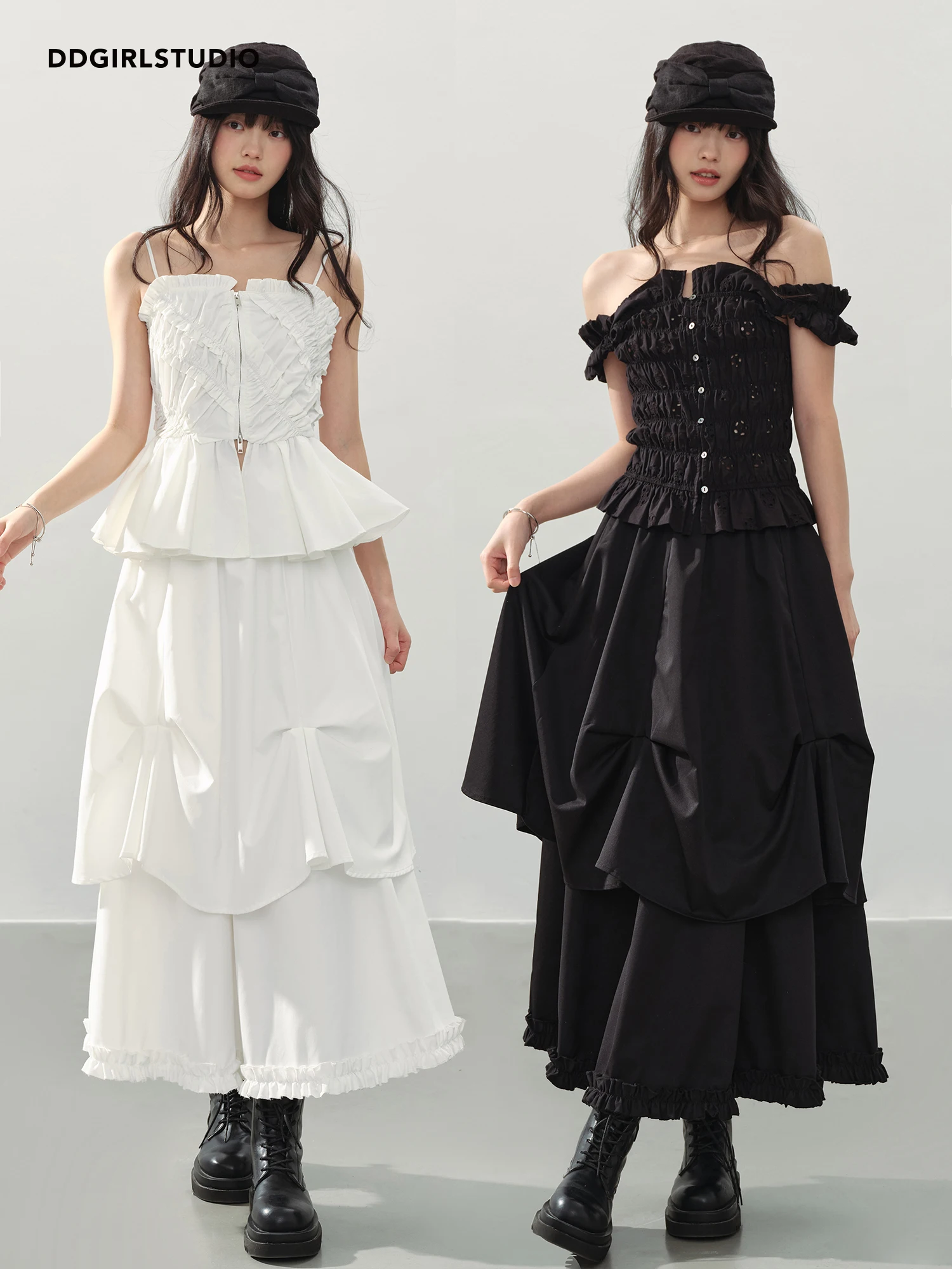 

DDGirl High Waist A-Line Skirt with Pleated Poem Design Irregular Gathers Slimming Effect Half-length Skirt for Teens And Women