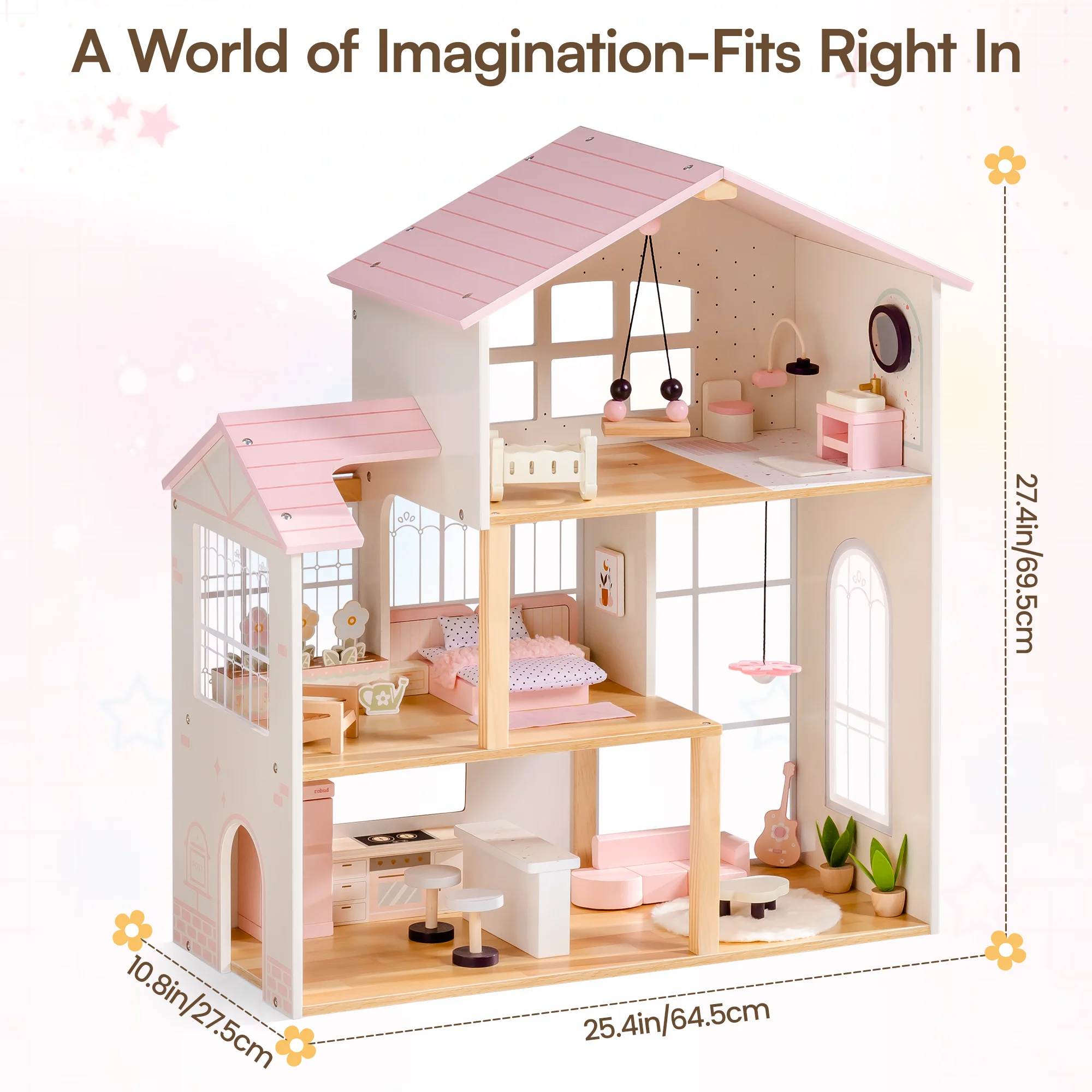 Robud Wooden Doll House, Dollhouse with 6 Open Rooms, 37 Pcs DIY Modular Doll House Furniture Accessories, Pretend Dollhouse Creative Gift for Girl Ages 3+ (Pink)