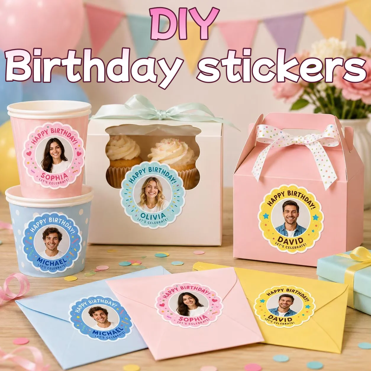 

Custom birthday photo stickers, 6cm personalized labels, suitable for gift bags/gifts/mugs/letters/cake stickers/favors decor