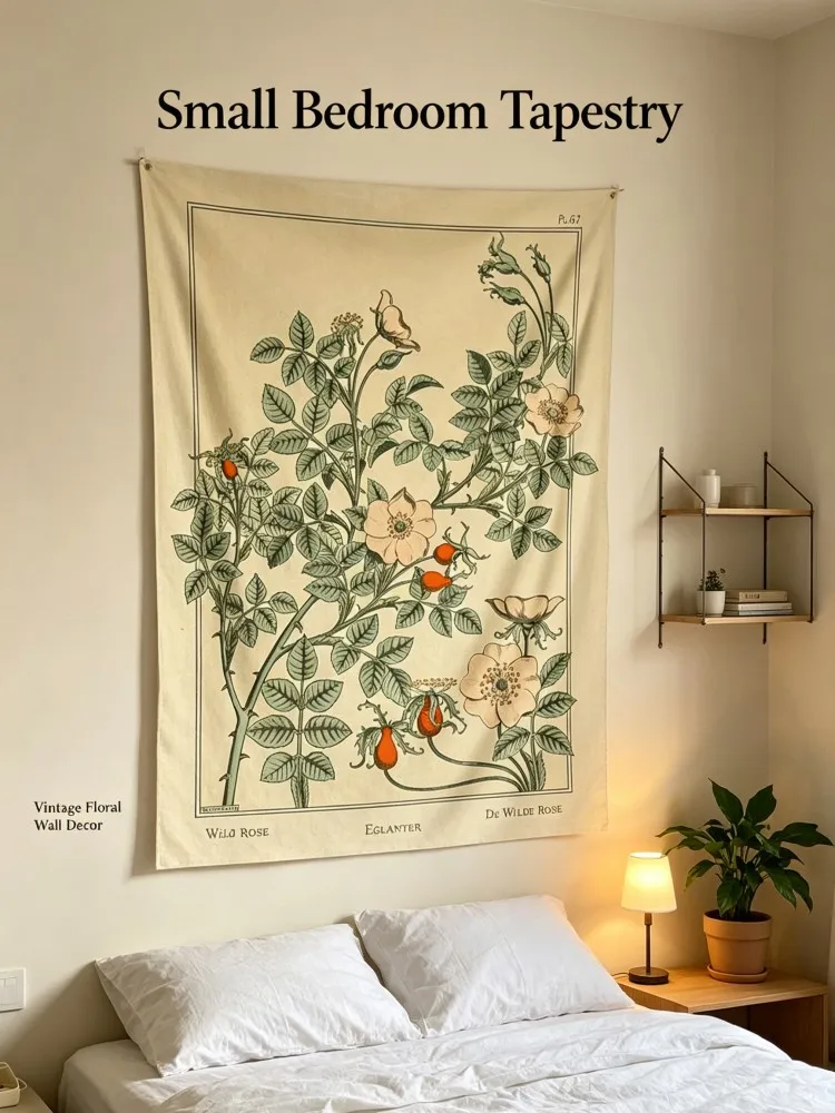 Antique Style Wild Rose Eglantier Print Tapestry, Soft Fabric Wall Art, Ideal Housewarming Gift for Bedroom Apartment Dorm Room