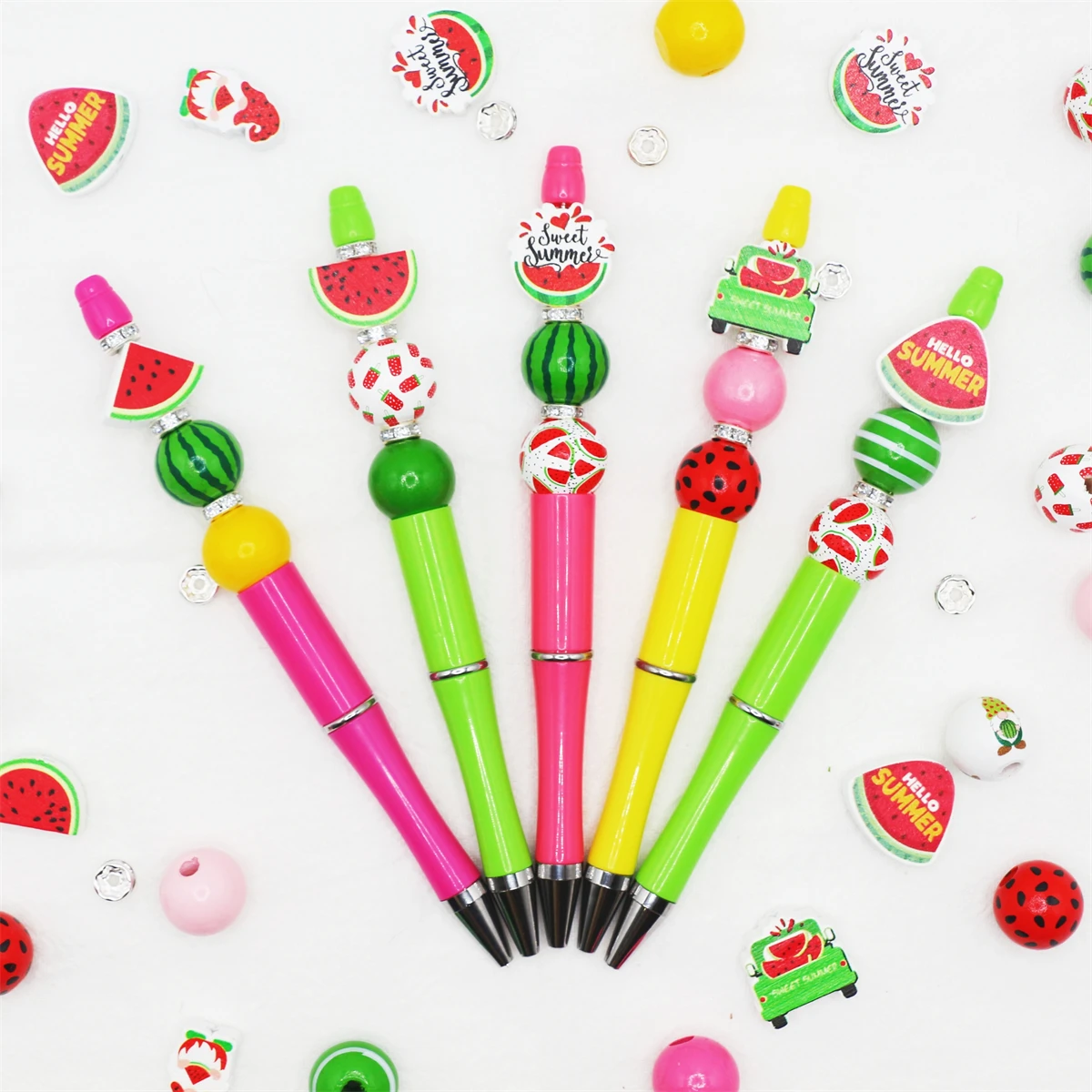 

9Pcs Watermelon Fruit Summer DIY Beaded Pen Set Creative Office Stationery Handmade Gift