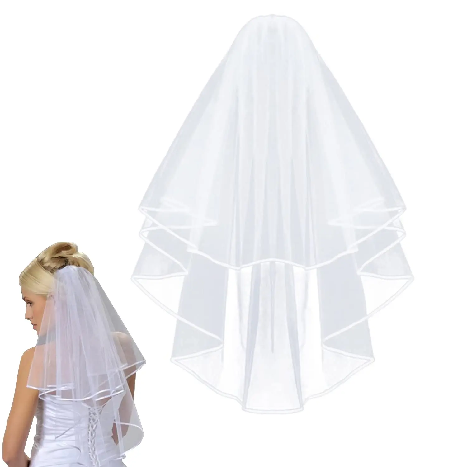 Bridal Veil White Double Ribbon Edge Wedding Veil with Comb for Wedding Bachelorette Party