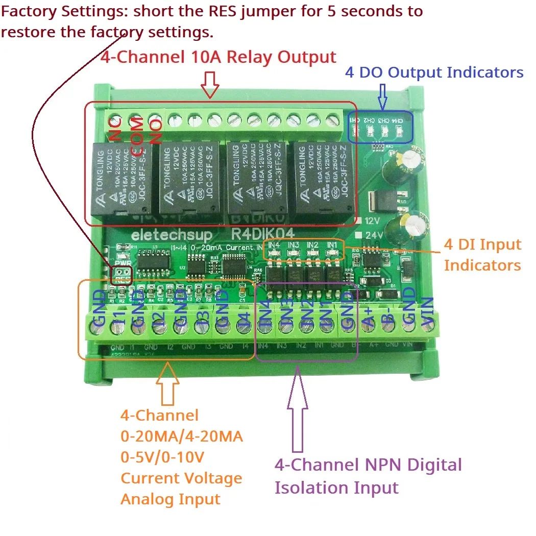 Módulo de entrada ModBus, adquisición de cantidad analógica Digital, valor de conmutación, voltaje de corriente 4-20MA 0-5V 0-10V 4AI 4DI 4DO