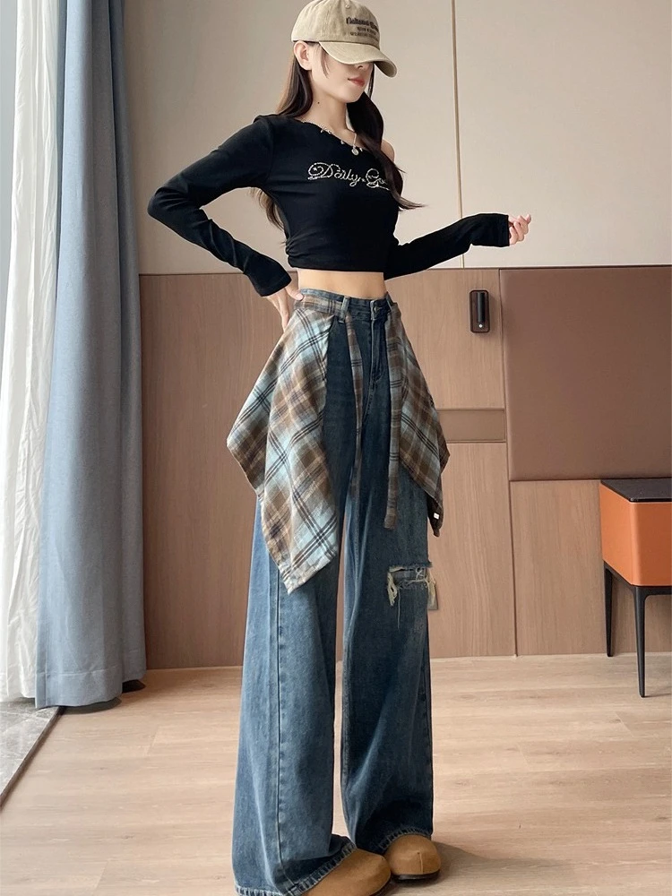 Detachable fart curtain wide leg jeans women's autumn winter high waist design fake two-piece distressed retro loose pants