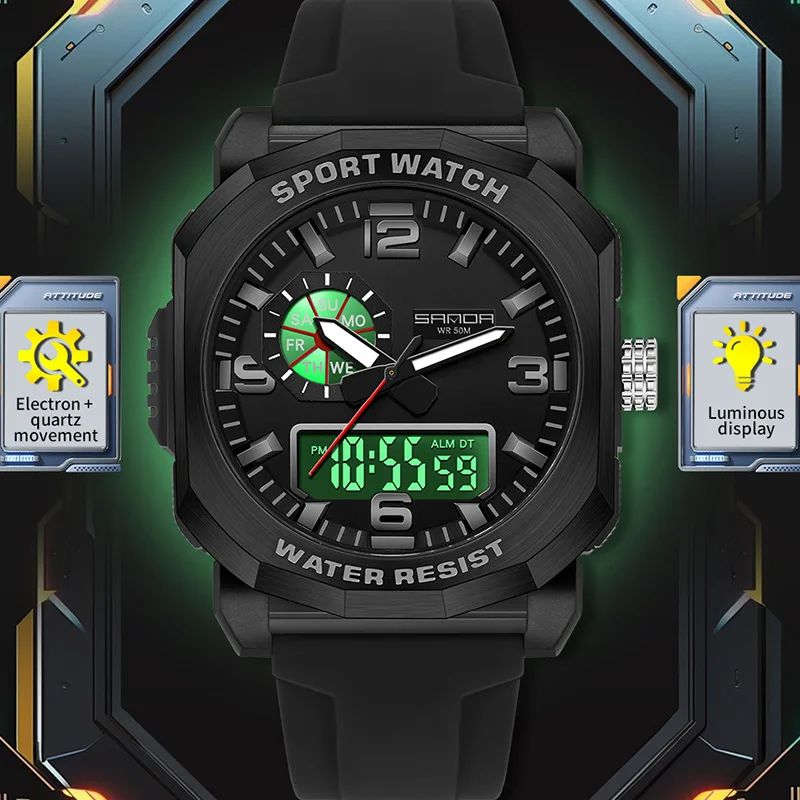 ساعات SANDA الرقمية التناظرية LED للرجال، متعددة الوظائف، رياضية خارجية، مضيئة، مقاومة للماء، كوارتز