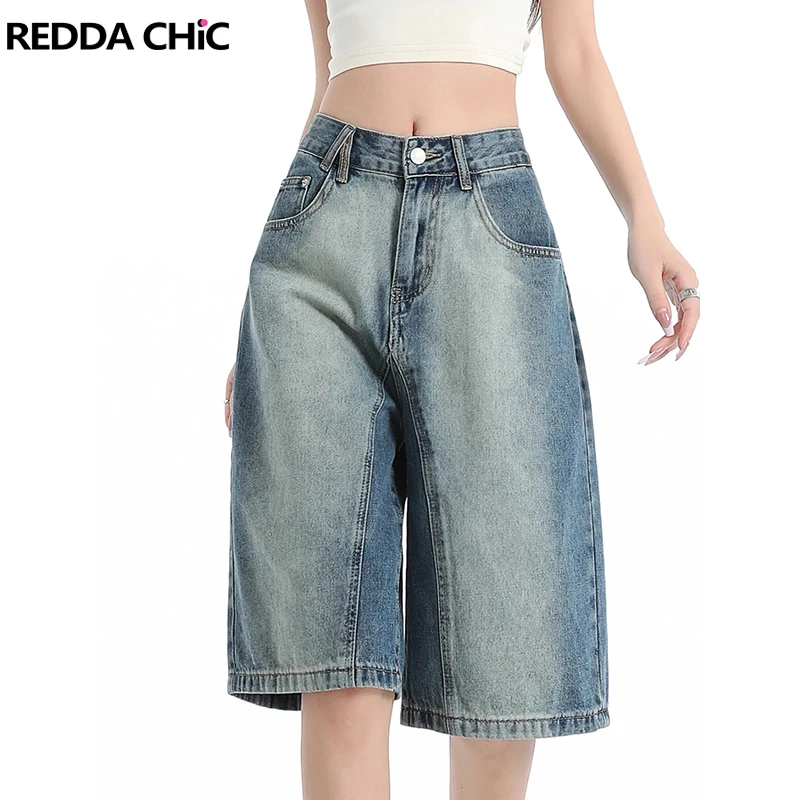 

REDDACHiC Summer Women Bermuda Denim Shorts Korea Gradient High Rise Straight Wide Leg Jean Shorts Causal Versatile Streetwear