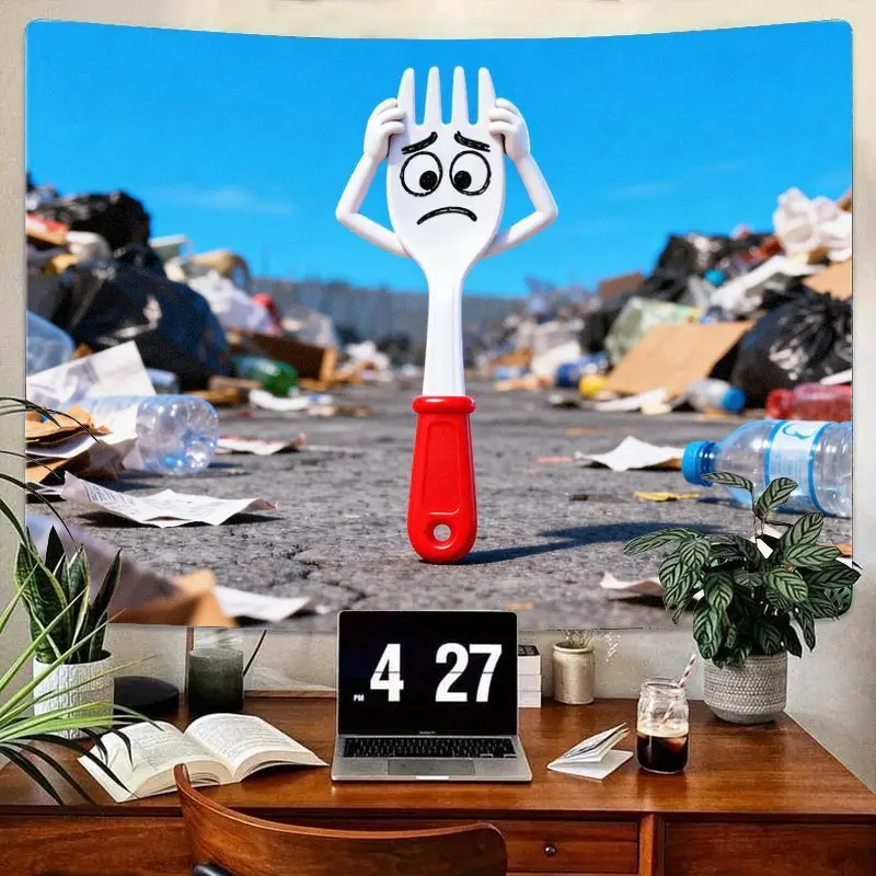 

1PC Toy Story Forky Sad Tapestry, Worried Character in Trash Pile, Funny Meme Polyester Wall Art, Modern Dorm Decor Gift.