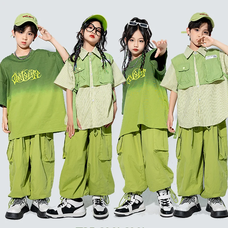 

2023 Children Hip Hop Dance Costumes For Kids Green Loose Kpop Outfits Girls Jazz Streetwear Boys Performance Clothes DQS13574