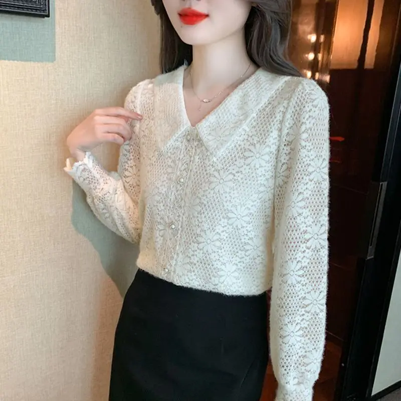 Doll Collar Lace Shirt Top with Velvet Style and Long Sleeves