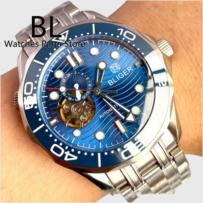 BLIGER 41mm Luxury NH39A Automatic Watch For Men Sapphire Glass Hollow Out Blue Dial Luminous Index Ceramic Bezel Steel Bracelet