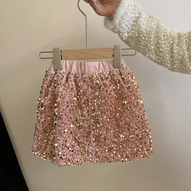 Girls Pink Skirt 2024 Spring Korean Version Autumn New Girls Sweet High-grade Sequin Skirt European Fashion Style Clothes