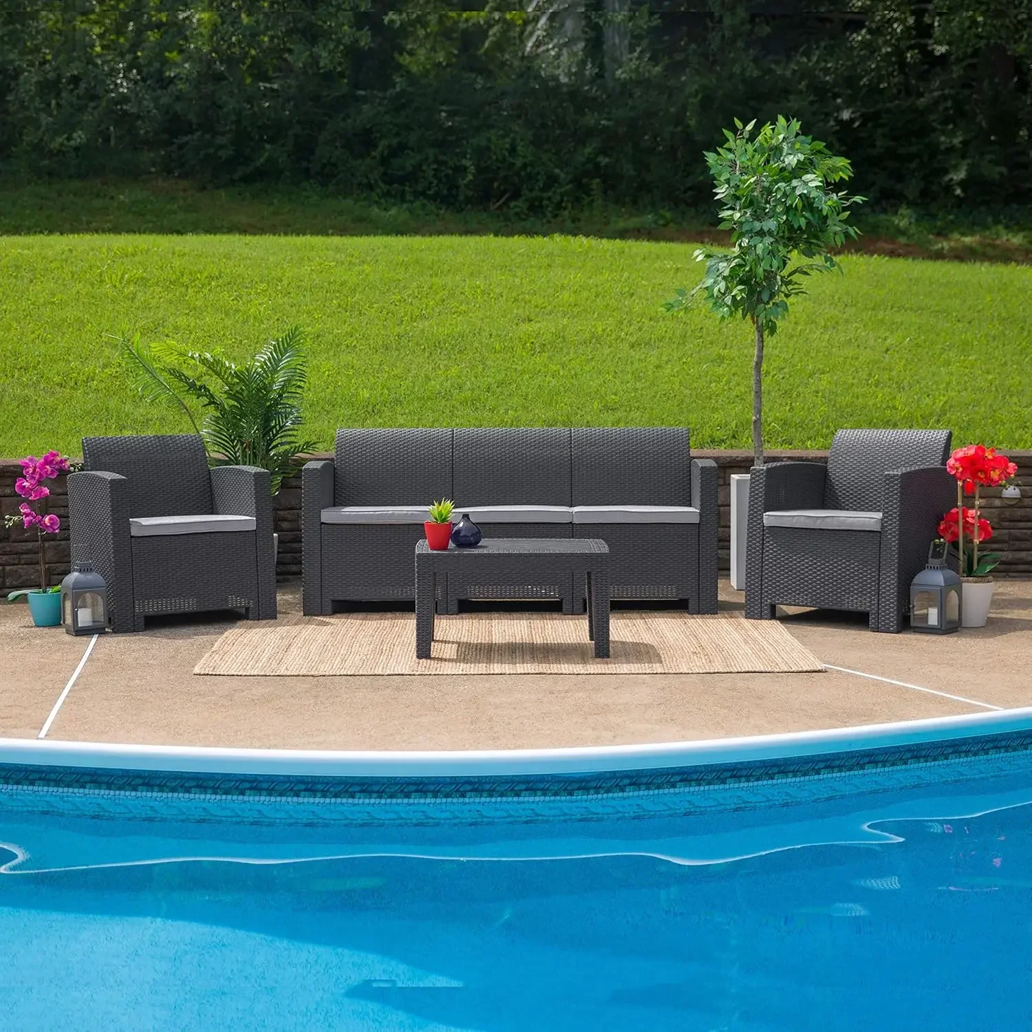 Outdoor Dark Gray Faux Rattan Sofa with All-Weather Seneca Light Gray Cushions,Durable resin frame construction