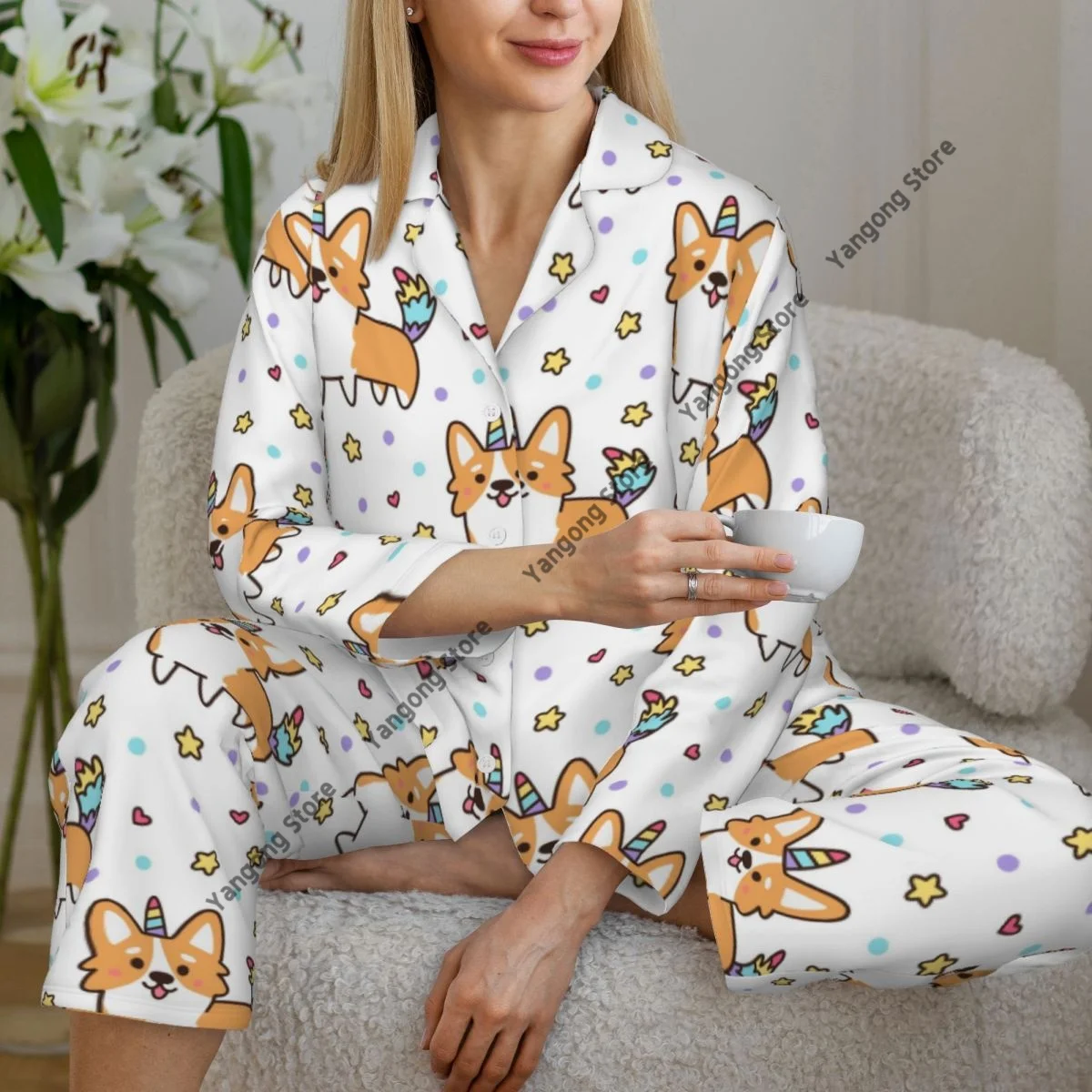 Unicorn Costume Welsh Corgi Horn Tail Womens Pajamas Loungewear Two-piece Sleepwear Button-Down Full Sleeve Long Pajamas Set