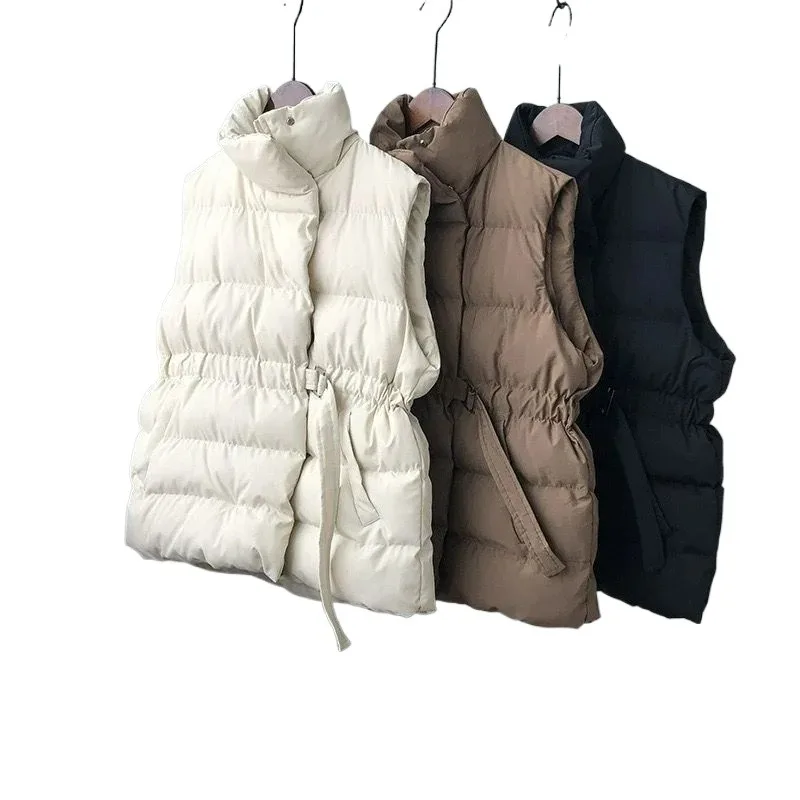 Feminina Winter Coat Women Stand Neck Solid Color Sleeveless Vest Parkas Pockets Drawstring Slim Waist Puffer Jacket