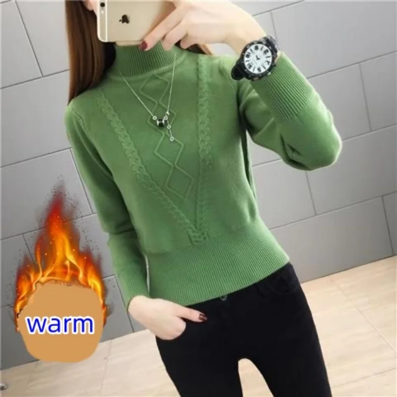 

Fdfklak With Velvet/Without Velvet Bottoming Shirt Women's New Half Neck Knitted Sweater High-waist Slim Pullover Sweater