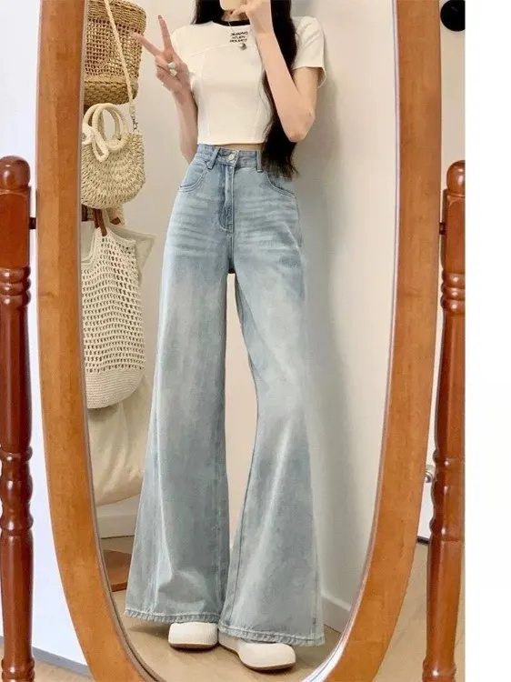 

Легкие широкие джинсы с высокой талией, женские свободные повседневные прямые брюки-клеш, весенние новые Sle American Sle