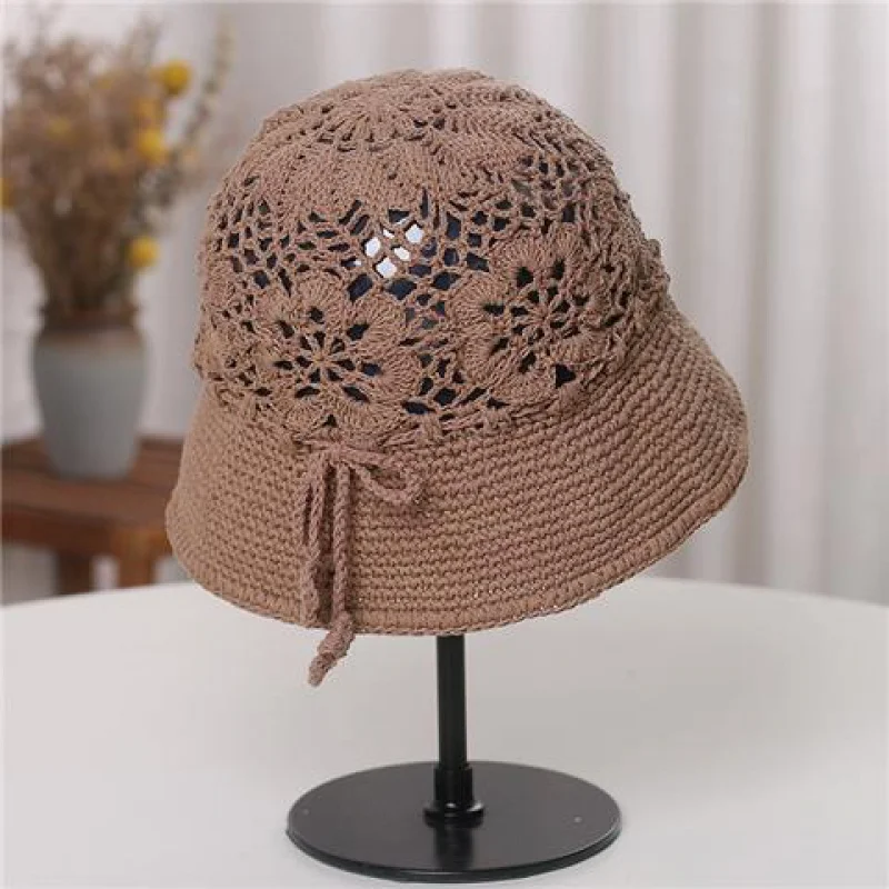 Handmade Braided Hat Women\'s Spring and Summer Japanese Bow Hollow Flower Bucket Hat Adjustable Knitted Woolen Cap