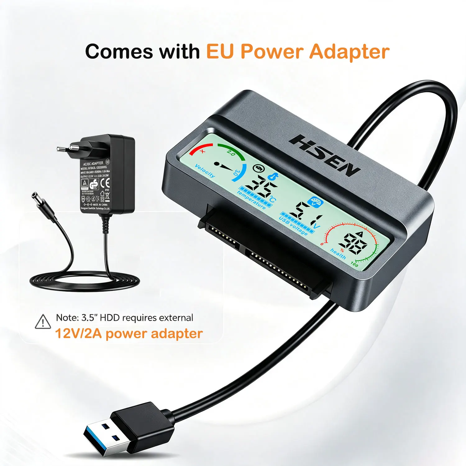 2‑in‑1USB3.0 to SATA Converter Adapter with Smart Display Real‑Time Health Monitoring for 2.5/3.5HDD SSD SATA3 22 Pin Hard Drive