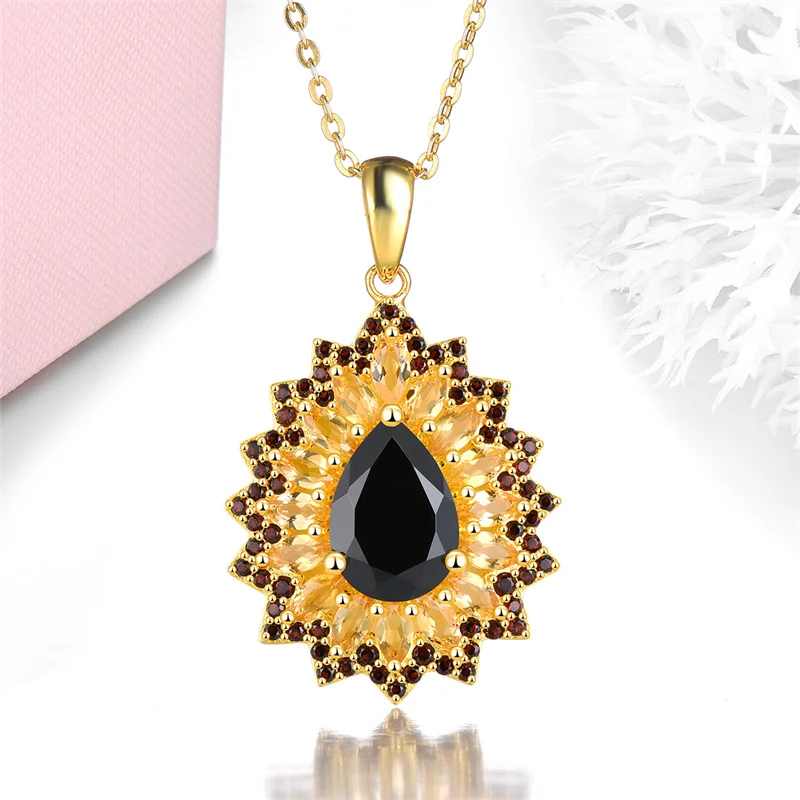 Natural Black Spinel Citrine Sterling Silver Pendant 3.6 Carats Yellow Gold Plated Women's Favorite S925 Gift Original Design