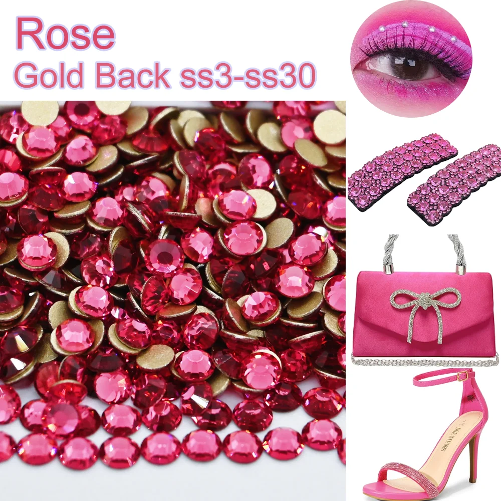 

SS3-SS30 Rose Non Hotfix Rhinestones Gold Back Glass Nail Crystal Flatback Strass Rhinestone for Nail Charms стразы