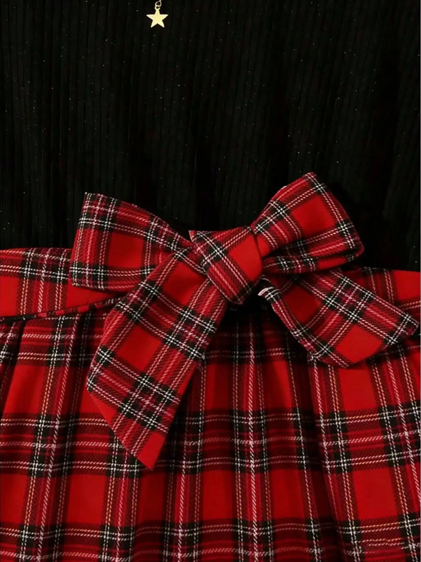 Mädchenkleid mit Rundhalsausschnitt, langen Ärmeln, Karomuster, Schleife, A-Linien-Rock, mittellanger Rock, einfarbig, Kinderbekleidung – Detail 4