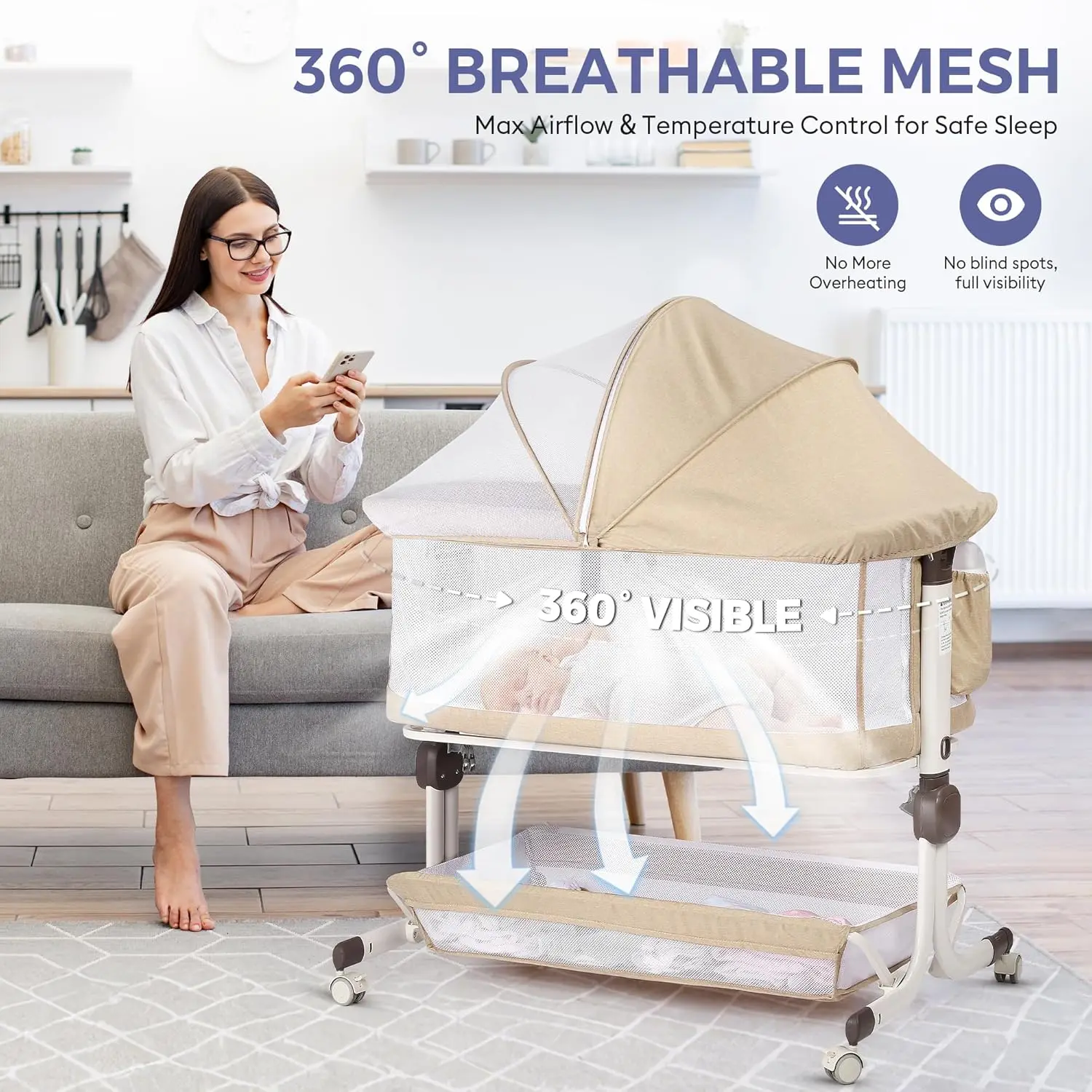 with Full Mesh Sides, Soft Sheet, 6-Height Adjustment, Storage Basket Bassinet Bedside Sleeper, Upgraded Stability Bedside Crib