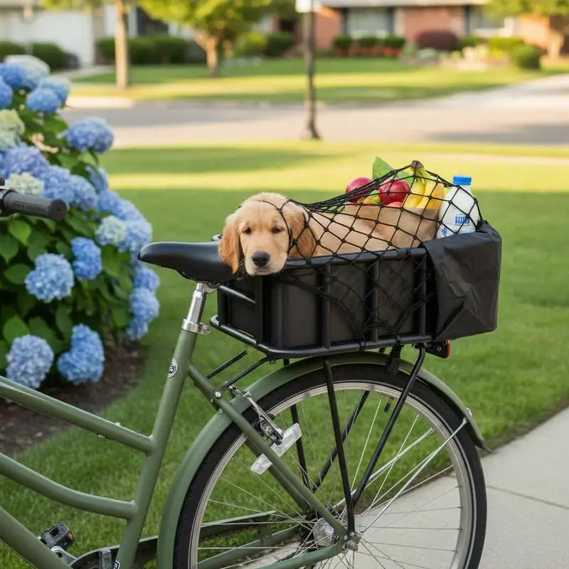 

Free Shipping-Bike Basket Medium For Commute Shopping Dog Transport, Durable Steel Frame Cargo Net Liner, Secure Load Carrying S