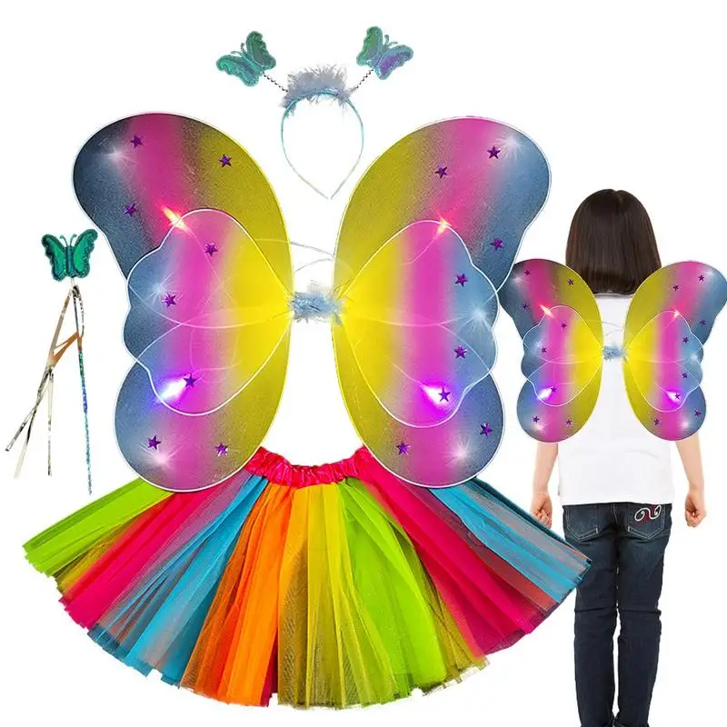 Trajes de hadas para niñas, varita de mariposa, accesorios de Cosplay con luces, disfraces de hadas para niños, alas de hadas, 4 piezas