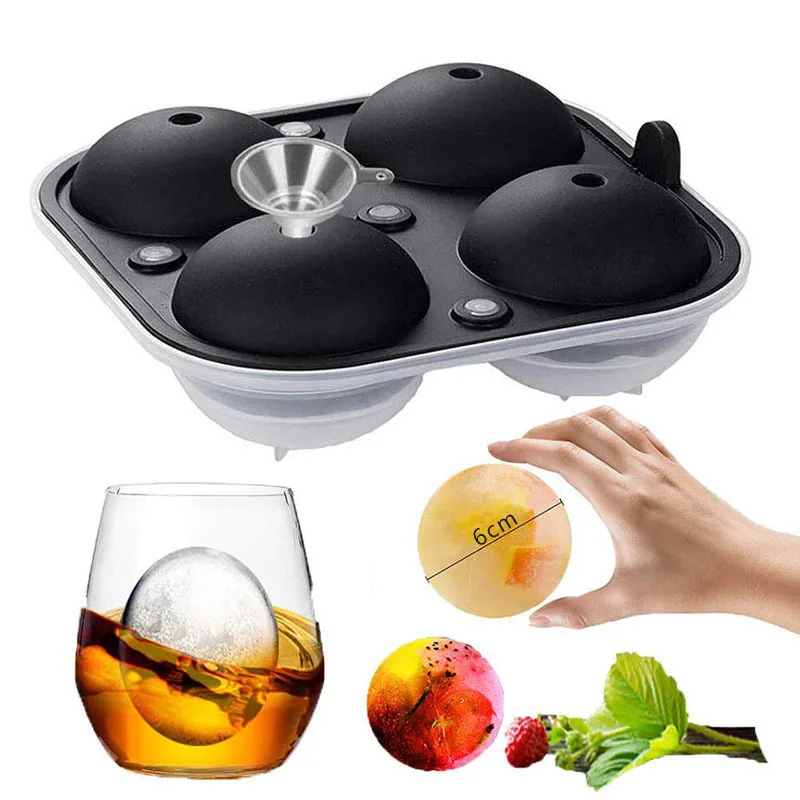 

4 Grid Silicone Ice Ball Maker Mold, 6cm Large Sphere Ice Cube Tray with Funnel, Leak-Proof Whiskey Ice Mold for Cocktails
