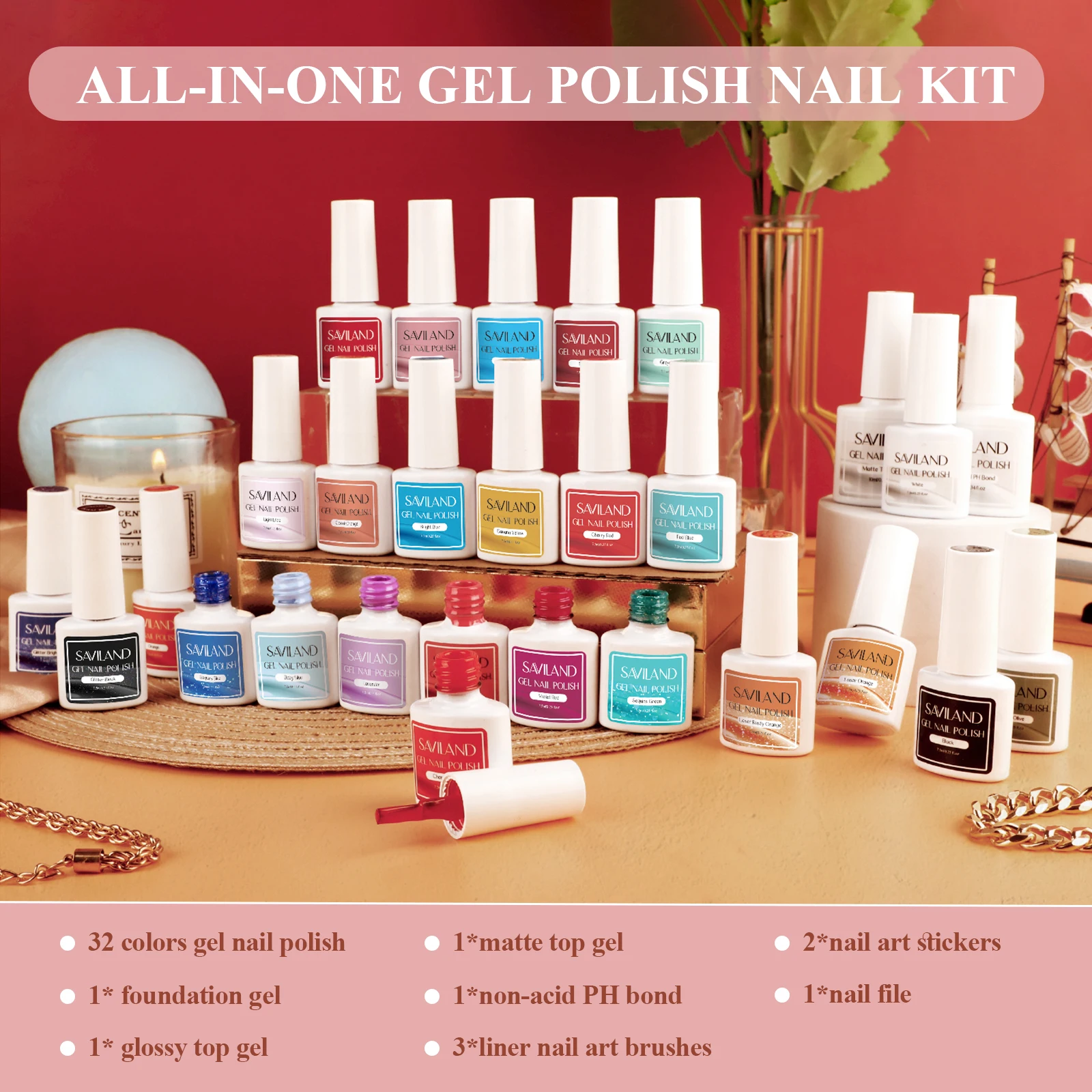 SAVILAND 42Pcs Gel Nail Polish Kit Nail Polish Set with Base and Top Gel Coat Soak Off UV Gel Polish for DIY Salon Women