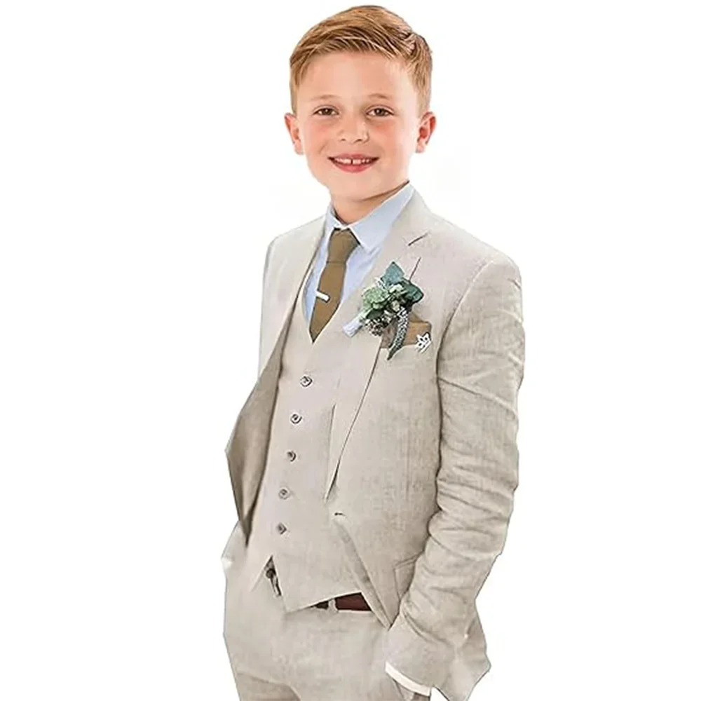 

Blue Linen Boys Suit Wedding Tuxedo 3 Piece Set Jacket Pants Vest Kids Party Suit Custom Jacket 2-16 Years Old