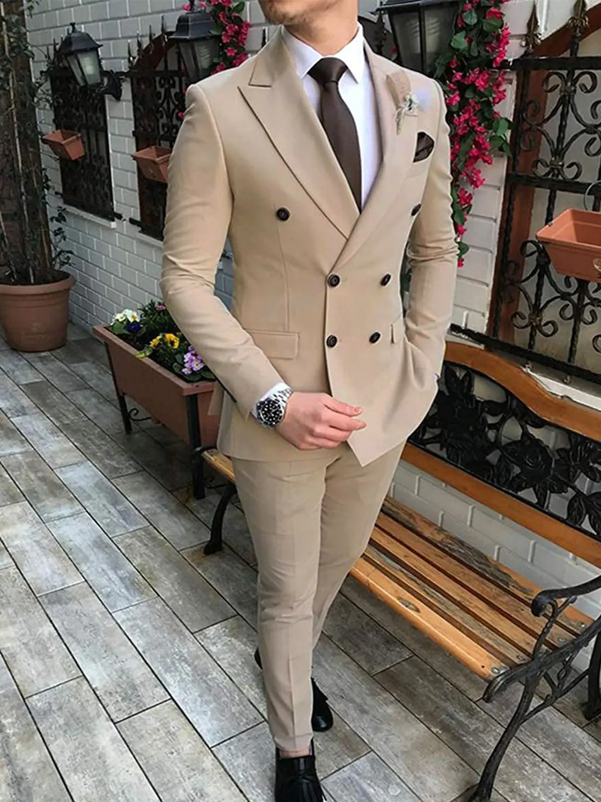 

Male Formal Beige Wedding Groom Suits For Men Elegante Mariage Slim Fit Best Man Blazers Sets Terno Custom Masculinos Completo