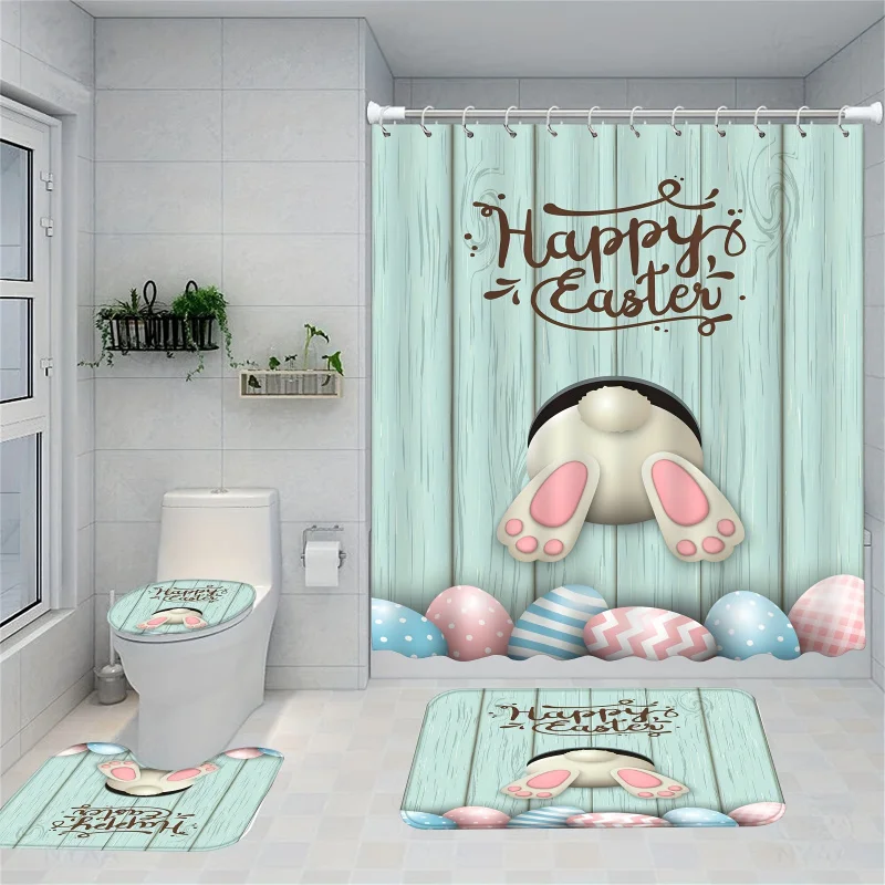 1/4PCs rabbit egg wooden board printed shower set, waterproof curtain with hooks, non-slip bathroom rug, U-shaped mat, T