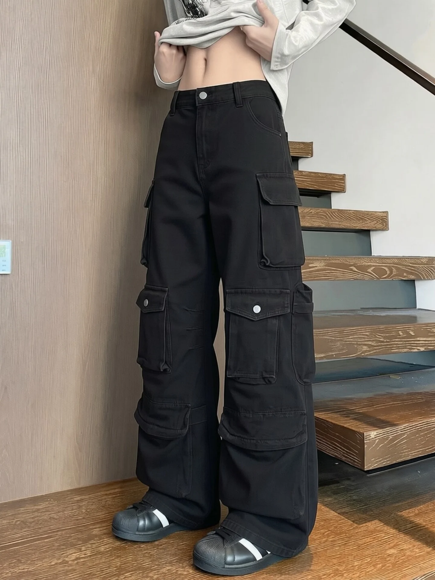 American High Street Style Loose Cuffed Wide Leg Men's Jeans Casual Trousers Multiple Pockets Soldier Workwear Pants