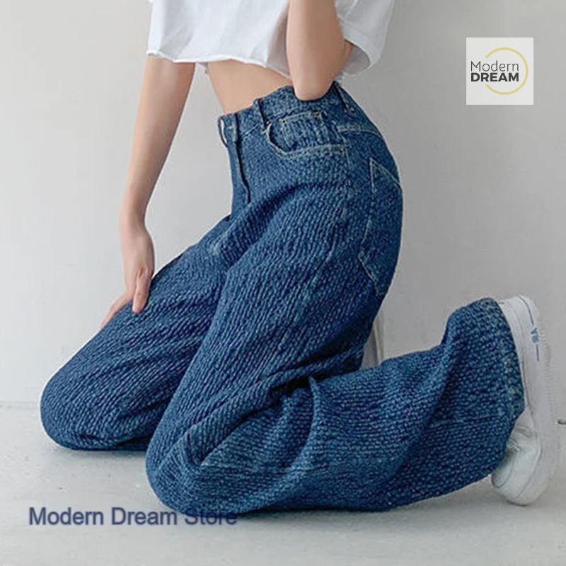 

Autumn New Woven Jeans Wide-leg Pants Female Korean Style Fashion Temperament Leisure Students High Waist Mopping Pants