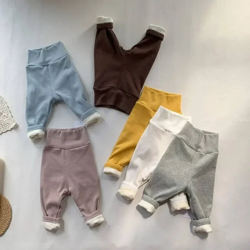 Autumn Winter Kids Warm Pants Boy Girls One Piece Fleece Trousers Outer Wear Sports Trousers 0-5Y BABY Clothes Casual Pants