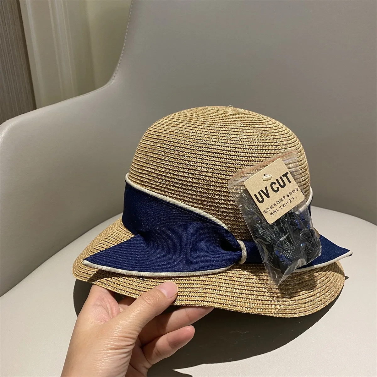 Star Sun Li style bow straw hat Japanese UV fine grass woven sunshade UV protection pot hat summer big brim celebrity sun hat