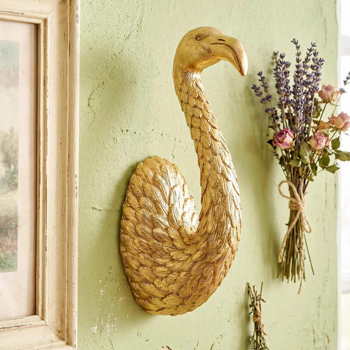 1 Stück, Goldener Flamingo Dreidimensionaler Wanddekor-Haken, Tier-Wanddekoration aus Kunstharz, Wohnzimmer-Dekoartikel – Detail 2